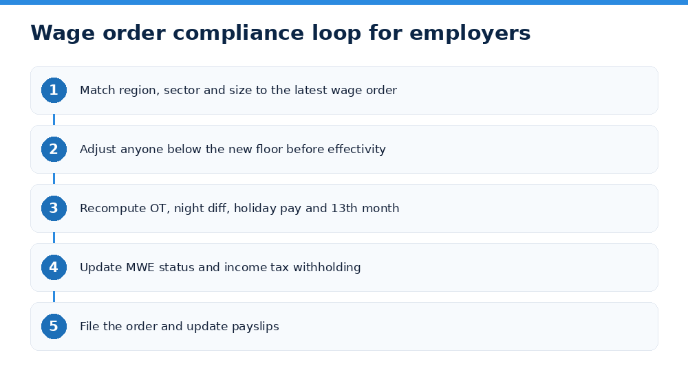 Wage order compliance loop for employers